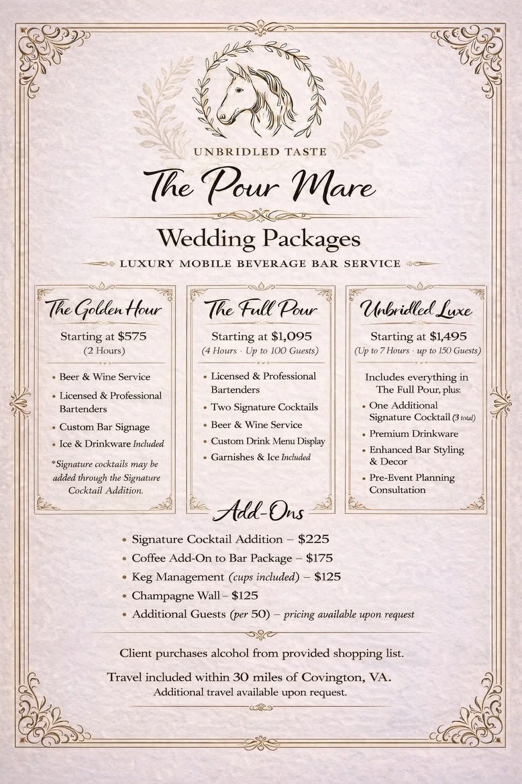 The Pour Mare beverage packages